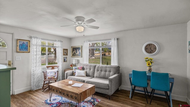 355 NW 5th St, Cedaredge, CO 81413 - living room featuring a ceiling fan, wood finished floors, and baseboards