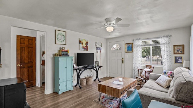 355 NW 5th St, Cedaredge, CO 81413 - living area with ceiling fan, wood finished floors, and baseboards