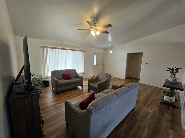 1285 Peppertree Dr, Montrose, CO 81401 - living room with a ceiling fan, vaulted ceiling, and dark wood-type flooring