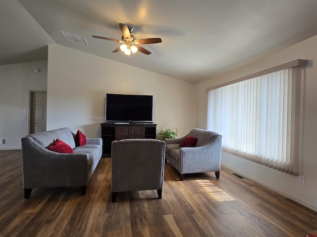 1285 Peppertree Dr, Montrose, CO 81401 - living room featuring vaulted ceiling, ceiling fan, and dark wood finished floors