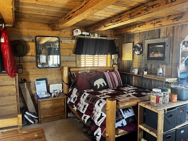 1165 Timber Ridge Rd, Montrose, CO 81401 - bedroom featuring wood walls and a wooden ceiling with exposed beams