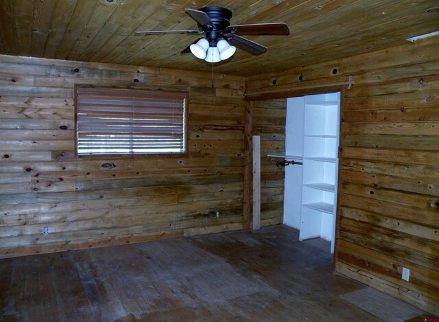 27793 Bb Rd, Nucla, CO 81424 - unfurnished room featuring wood ceiling, hardwood / wood-style floors, a ceiling fan, and wood walls