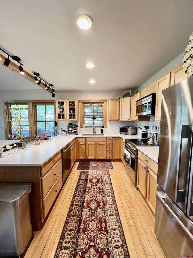 607 Second St Unit B, Crested Butte, CO 81224 - kitchen with appliances with stainless steel finishes, light brown cabinets, a peninsula, light wood finished floors, and light countertops