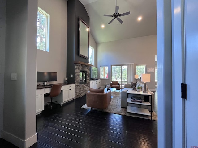 43 Big Bend Loop, Durango, CO 81301 - living room featuring high vaulted ceiling, built in study area, a ceiling fan, dark wood-style flooring, and recessed lighting