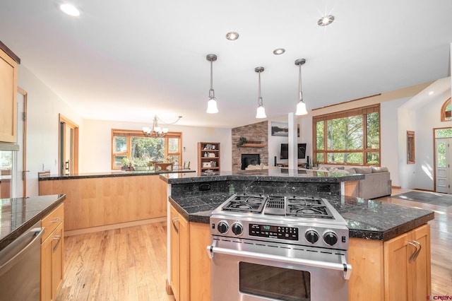 95 Ute Pass W, Durango, CO 81301 - kitchen featuring appliances with stainless steel finishes, open floor plan, healthy amount of natural light, light wood-style floors, and recessed lighting