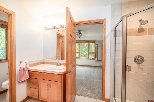 95 Ute Pass W, Durango, CO 81301 - full bath with a stall shower, vanity, a ceiling fan, and tile patterned floors