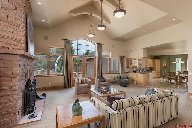 435 Red Rock Rd, Durango, CO 81301 - living room featuring high vaulted ceiling, light colored carpet, and recessed lighting