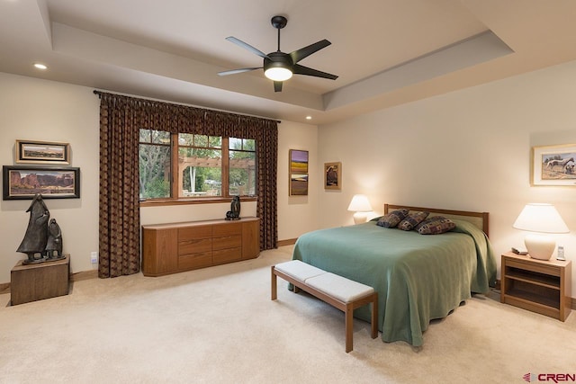 435 Red Rock Rd, Durango, CO 81301 - carpeted bedroom featuring recessed lighting, a raised ceiling, and ceiling fan