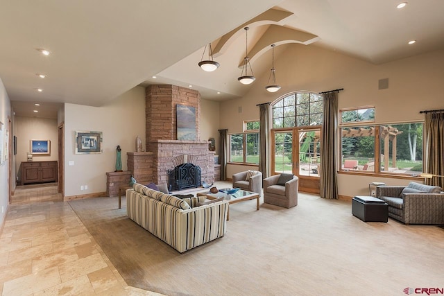 435 Red Rock Rd, Durango, CO 81301 - living area with recessed lighting, high vaulted ceiling, and a fireplace