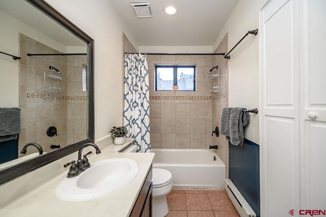 166 Yankee Girl Ct Unit 313, Durango, CO 81301 - full bathroom with a baseboard heating unit, vanity, shower / bath combination with curtain, tile patterned floors, and recessed lighting