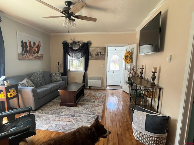 1250 Snowden St, Silverton, CO 81433 - living room with ceiling fan, crown molding, and hardwood / wood-style floors