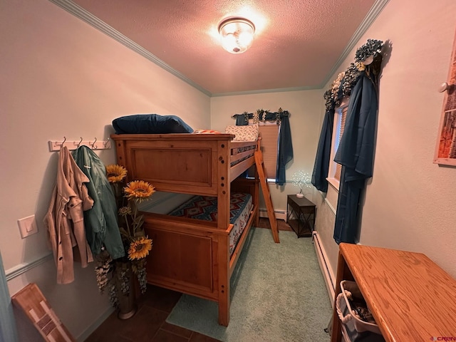 1250 Snowden St, Silverton, CO 81433 - bedroom with a textured ceiling, baseboard heating, and ornamental molding