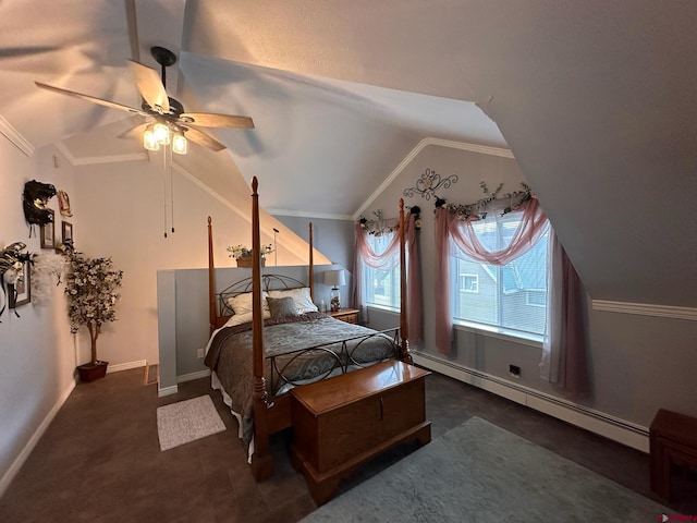 1250 Snowden St, Silverton, CO 81433 - bedroom with a baseboard heating unit, vaulted ceiling, and a ceiling fan