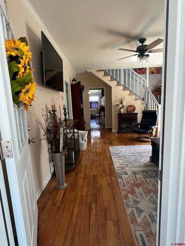 1250 Snowden St, Silverton, CO 81433 - foyer entrance with crown molding, stairway, ceiling fan, and wood-type flooring