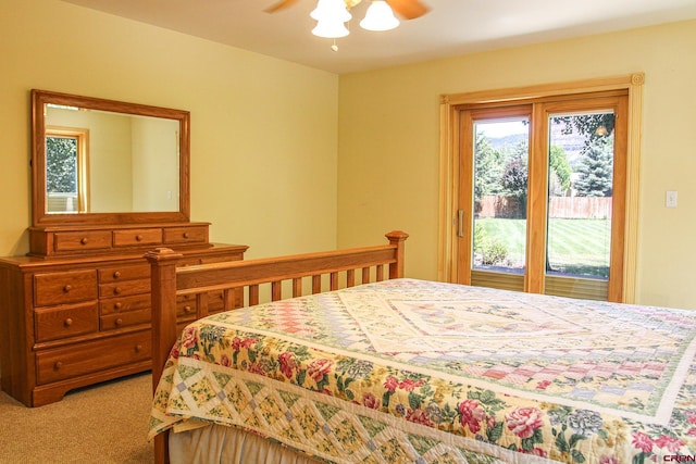 67 Gleneagles Dr, Durango, CO 81301 - bedroom featuring carpet floors, access to exterior, and ceiling fan