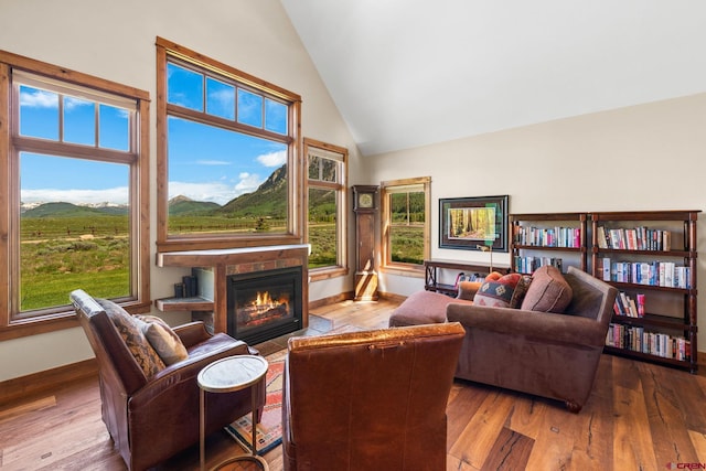 322 Wapiti Ln, Crested Butte, CO 81224 - living room with high vaulted ceiling, hardwood / wood-style flooring, a glass covered fireplace, and a mountain view