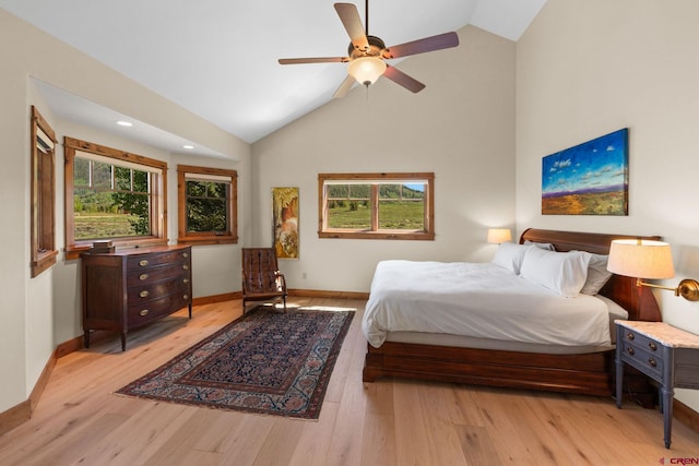 322 Wapiti Ln, Crested Butte, CO 81224 - bedroom featuring light wood-type flooring, high vaulted ceiling, recessed lighting, and ceiling fan