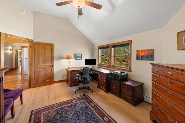 322 Wapiti Ln, Crested Butte, CO 81224 - home office with a baseboard heating unit, light wood-type flooring, ceiling fan, and vaulted ceiling