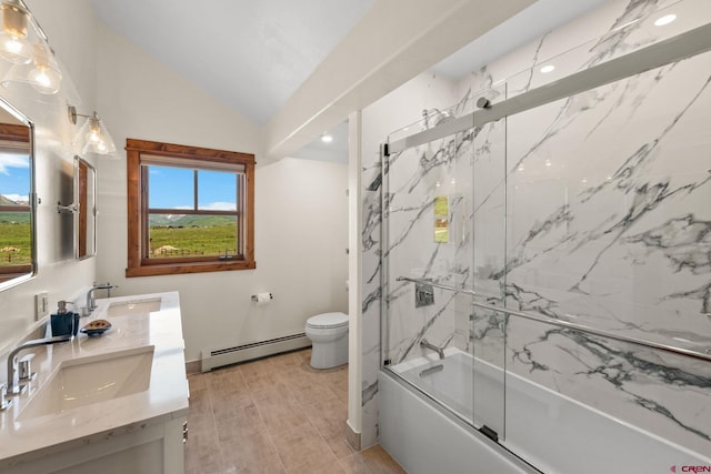 322 Wapiti Ln, Crested Butte, CO 81224 - bathroom with a baseboard radiator, bath / shower combo with glass door, double vanity, and vaulted ceiling