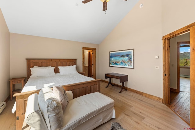 322 Wapiti Ln, Crested Butte, CO 81224 - bedroom with light wood-style floors, high vaulted ceiling, a ceiling fan, and a baseboard radiator