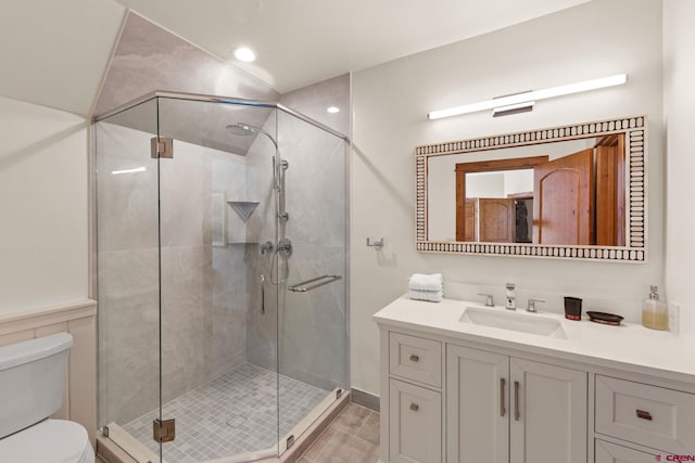 322 Wapiti Ln, Crested Butte, CO 81224 - bathroom featuring vanity, a stall shower, and recessed lighting