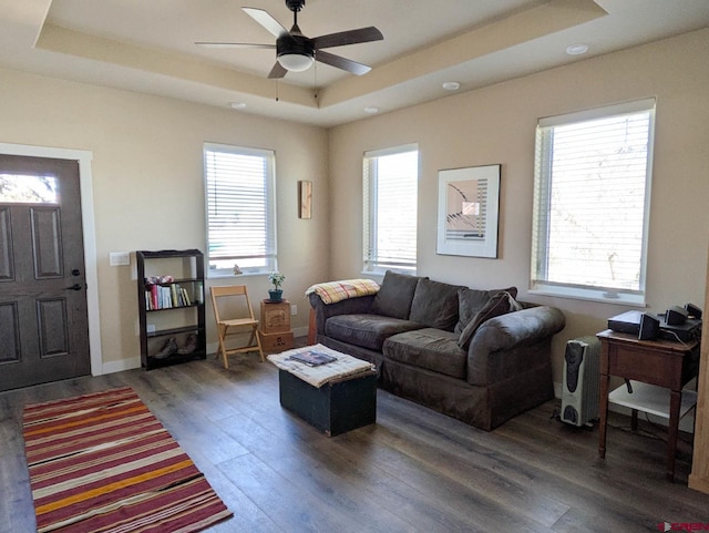 117 N Fork Ave, Paonia, CO 81428 - living area with a tray ceiling, wood finished floors, a ceiling fan, and plenty of natural light