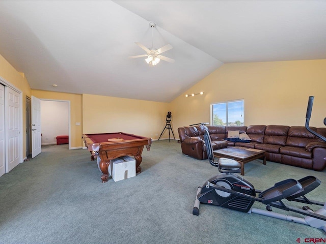 12689 6100th Rd, Montrose, CO 81401 - playroom with vaulted ceiling, billiards table, carpet, and ceiling fan