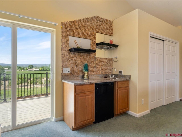 12689 6100th Rd, Montrose, CO 81401 - kitchen featuring black dishwasher, light colored carpet, tasteful backsplash, and brown cabinets