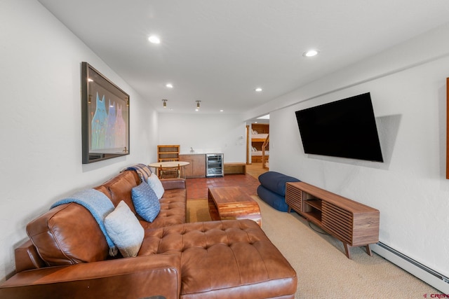 41 Cinnamon Mountain Rd, Mount Crested Butte, CO 81225 - carpeted living room with a baseboard heating unit, wine cooler, bar, and recessed lighting