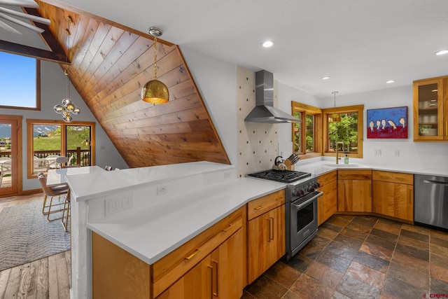 41 Cinnamon Mountain Rd, Mount Crested Butte, CO 81225 - kitchen featuring wall chimney range hood, stainless steel appliances, plenty of natural light, light countertops, and recessed lighting