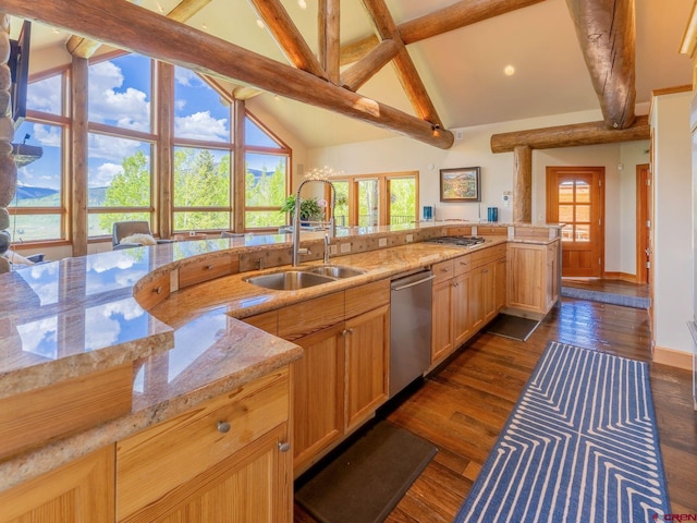 3 Summit Ct, Mount Crested Butte, CO 81225 - kitchen featuring stainless steel appliances, beamed ceiling, dark wood finished floors, light stone counters, and high vaulted ceiling