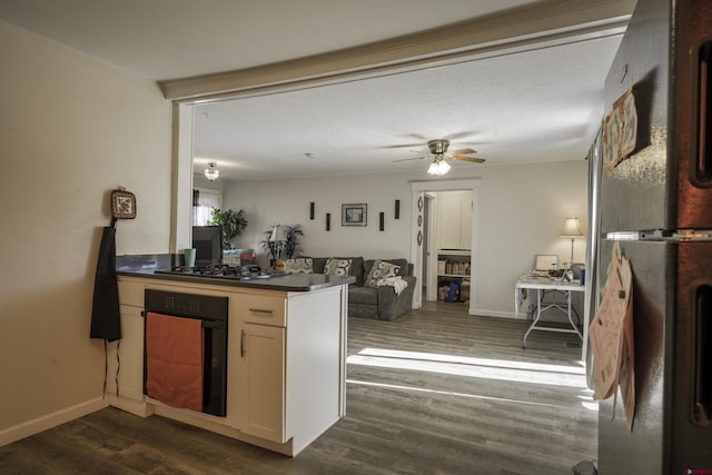 1132 Robinson Ave, Trinidad, CO 81082 - kitchen with black oven, dark countertops, dark wood finished floors, open floor plan, and a ceiling fan