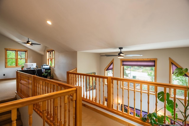 15 Edgemont Way, Durango, CO 81301 - corridor with carpet, an upstairs landing, vaulted ceiling, and recessed lighting
