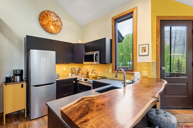 333 S Fir St Unit 101, Telluride, CO 81435 - kitchen with appliances with stainless steel finishes, a peninsula, tasteful backsplash, light wood-style floors, and high vaulted ceiling