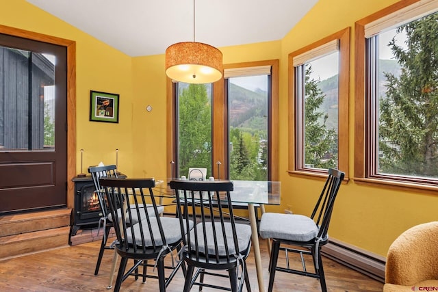 333 S Fir St Unit 101, Telluride, CO 81435 - dining area featuring baseboard heating, wood finished floors, a wood stove, and lofted ceiling