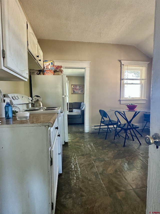 18551 F Rd, Delta, CO 81416 - kitchen featuring white cabinets, vaulted ceiling, and a textured ceiling