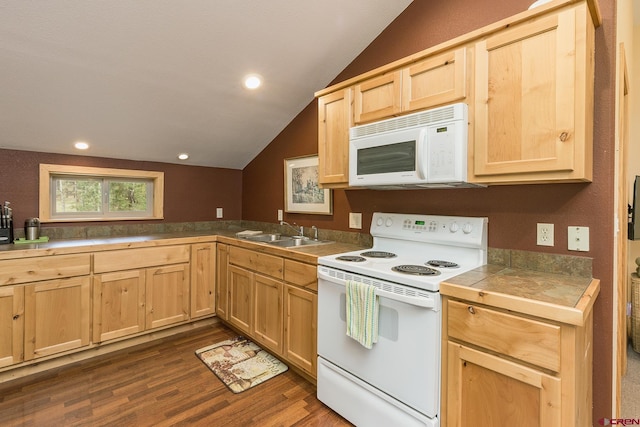 234 Wapiti Dr, Bayfield, CO 81122 - kitchen featuring white appliances, light brown cabinetry, vaulted ceiling, dark wood finished floors, and tile counters