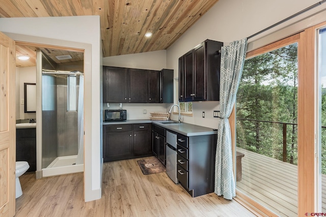 234 Wapiti Dr, Bayfield, CO 81122 - kitchen with black microwave, light wood-style floors, wooden ceiling, lofted ceiling, and dishwasher