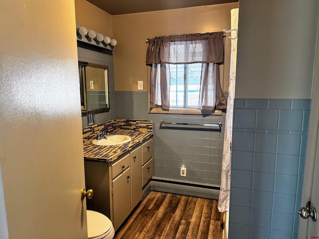20114 Austin Rd, Austin, CO 81410 - full bathroom featuring tile walls, wood finished floors, vanity, and wainscoting