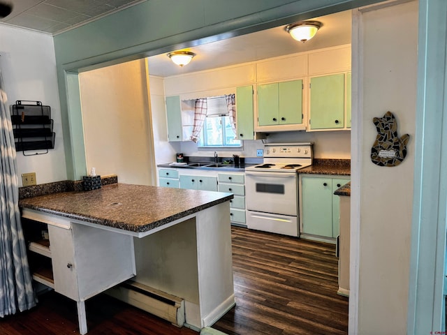 20114 Austin Rd, Austin, CO 81410 - kitchen with white range with electric cooktop, dark countertops, dark wood-style floors, a peninsula, and baseboard heating
