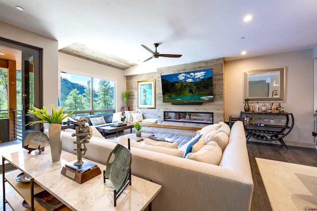 928 Twin Buttes Ave, Durango, CO 81301 - living room with dark wood-style flooring, recessed lighting, a ceiling fan, and lofted ceiling