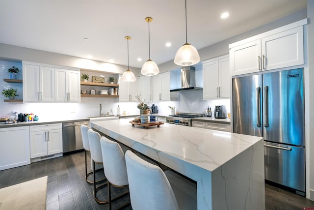 928 Twin Buttes Ave, Durango, CO 81301 - kitchen featuring open shelves, appliances with stainless steel finishes, wall chimney range hood, white cabinets, and recessed lighting