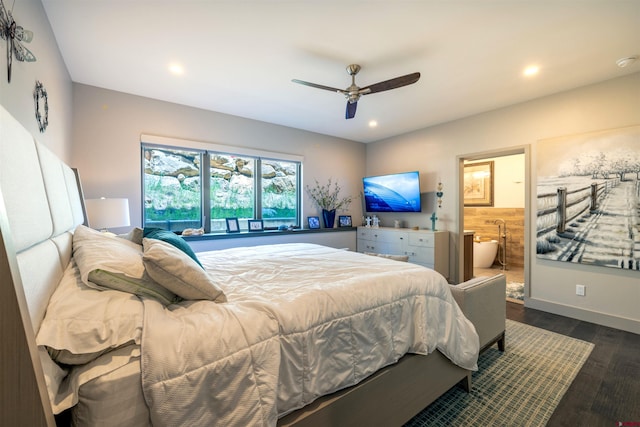 928 Twin Buttes Ave, Durango, CO 81301 - bedroom with dark wood-type flooring, recessed lighting, a ceiling fan, and ensuite bath