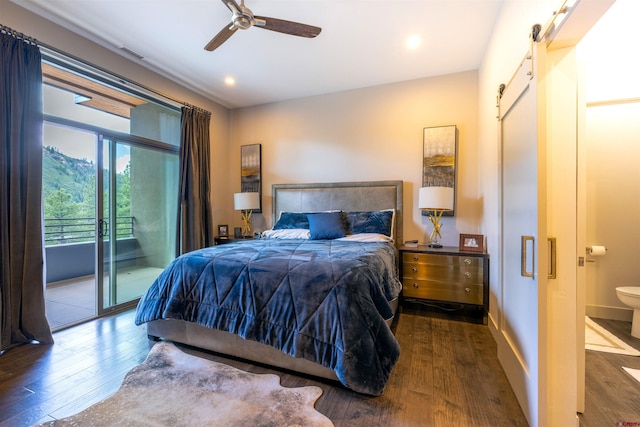 928 Twin Buttes Ave, Durango, CO 81301 - bedroom with a barn door, hardwood / wood-style flooring, access to exterior, recessed lighting, and ceiling fan