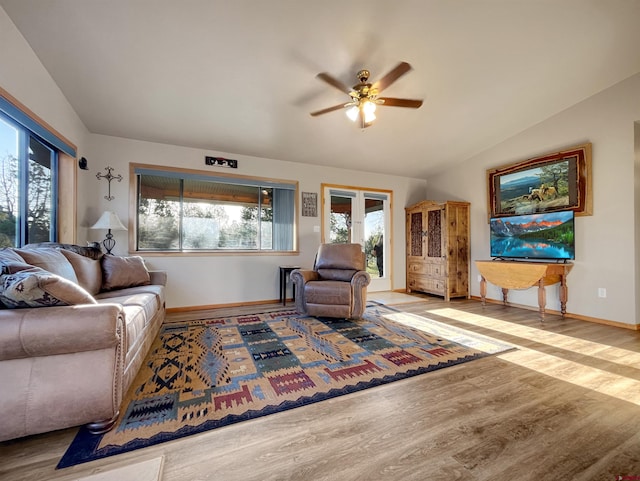14245 Rd 21, Cortez, CO 81321 - living room featuring wood finished floors, ceiling fan, and lofted ceiling