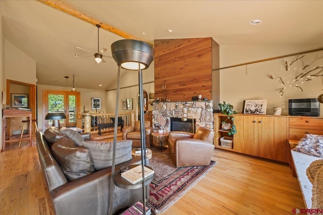 122 Juniper Rd, Ridgway, CO 81432 - living room featuring high vaulted ceiling, light wood-style floors, a ceiling fan, a fireplace, and recessed lighting