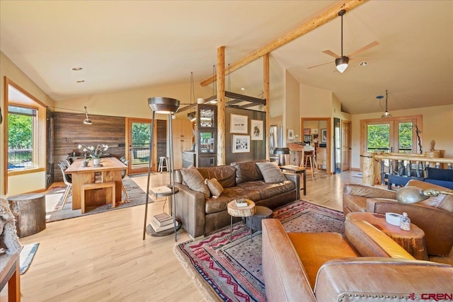 122 Juniper Rd, Ridgway, CO 81432 - living area with wood finished floors, high vaulted ceiling, and ceiling fan