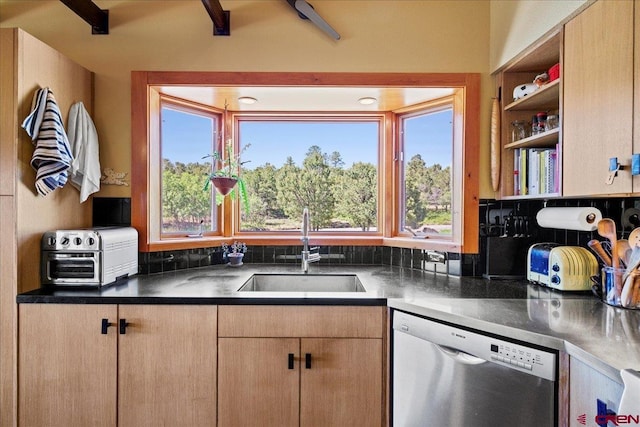 122 Juniper Rd, Ridgway, CO 81432 - kitchen featuring stainless steel dishwasher, open shelves, healthy amount of natural light, and light brown cabinetry
