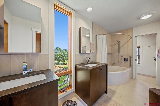 122 Juniper Rd, Ridgway, CO 81432 - bathroom featuring two vanities, tile patterned floors, shower / bath combo with shower curtain, and decorative backsplash