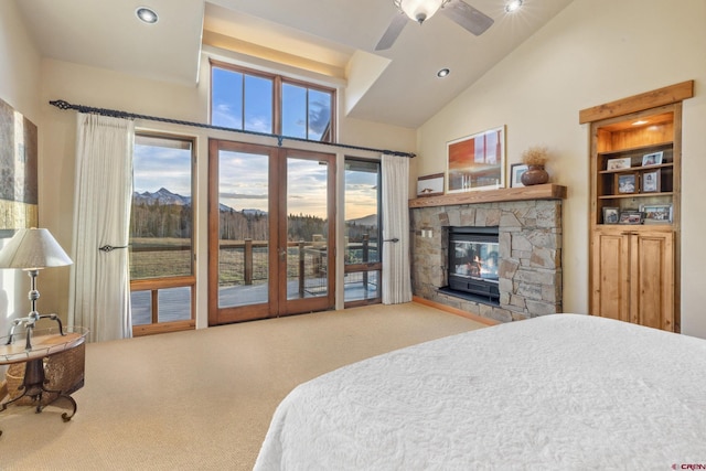 404 Benchmark Dr, Mountain Village, CO 81435 - bedroom featuring carpet floors, access to outside, a fireplace, high vaulted ceiling, and recessed lighting